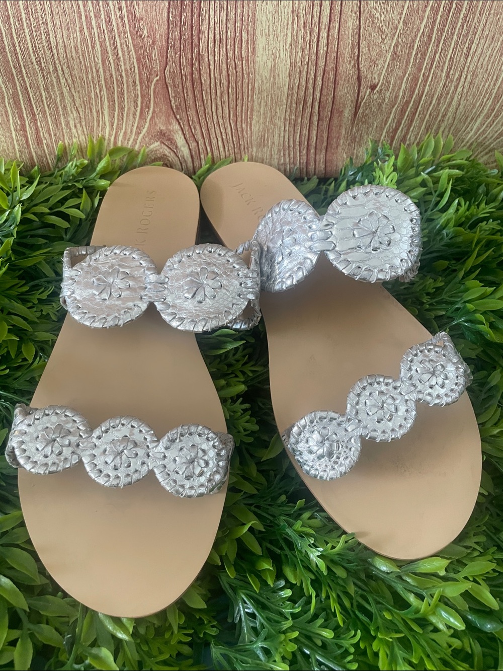 Jack Rogers Silver Leather Circle Slide Sandals